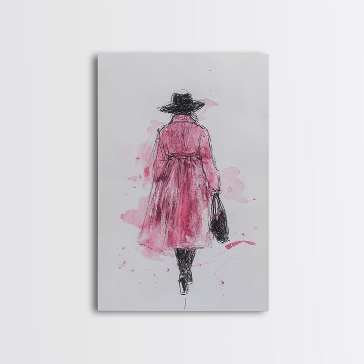 Woman in Coat Framed Canvas Print Light Pink Wall Art Moody Minimalist Fashion Illustration Rustic Aesthetic Unique Gift Idea