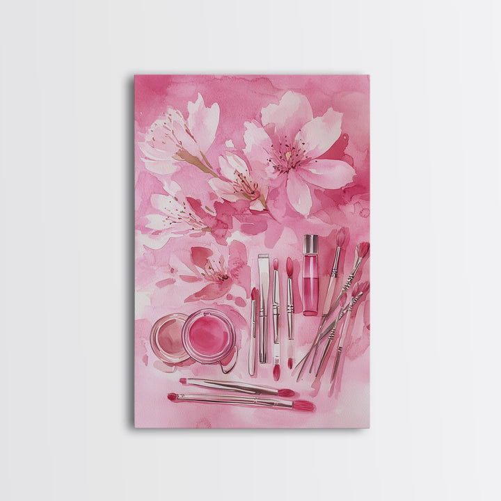 Cherry Blossom Canvas Print Featuring Makeup and Brush Theme Perfect Whimsical and Light Pink Wall Art Bedroom or Bathroom Decor