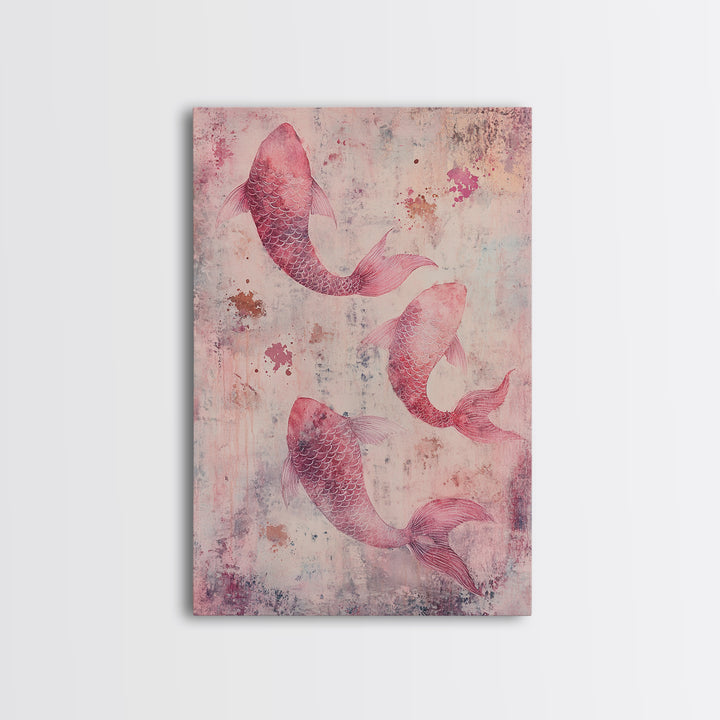 Artistic koi fish painting with framed canvas print, pink abstract art, light pink wall art, gift idea, moody art above bed decor