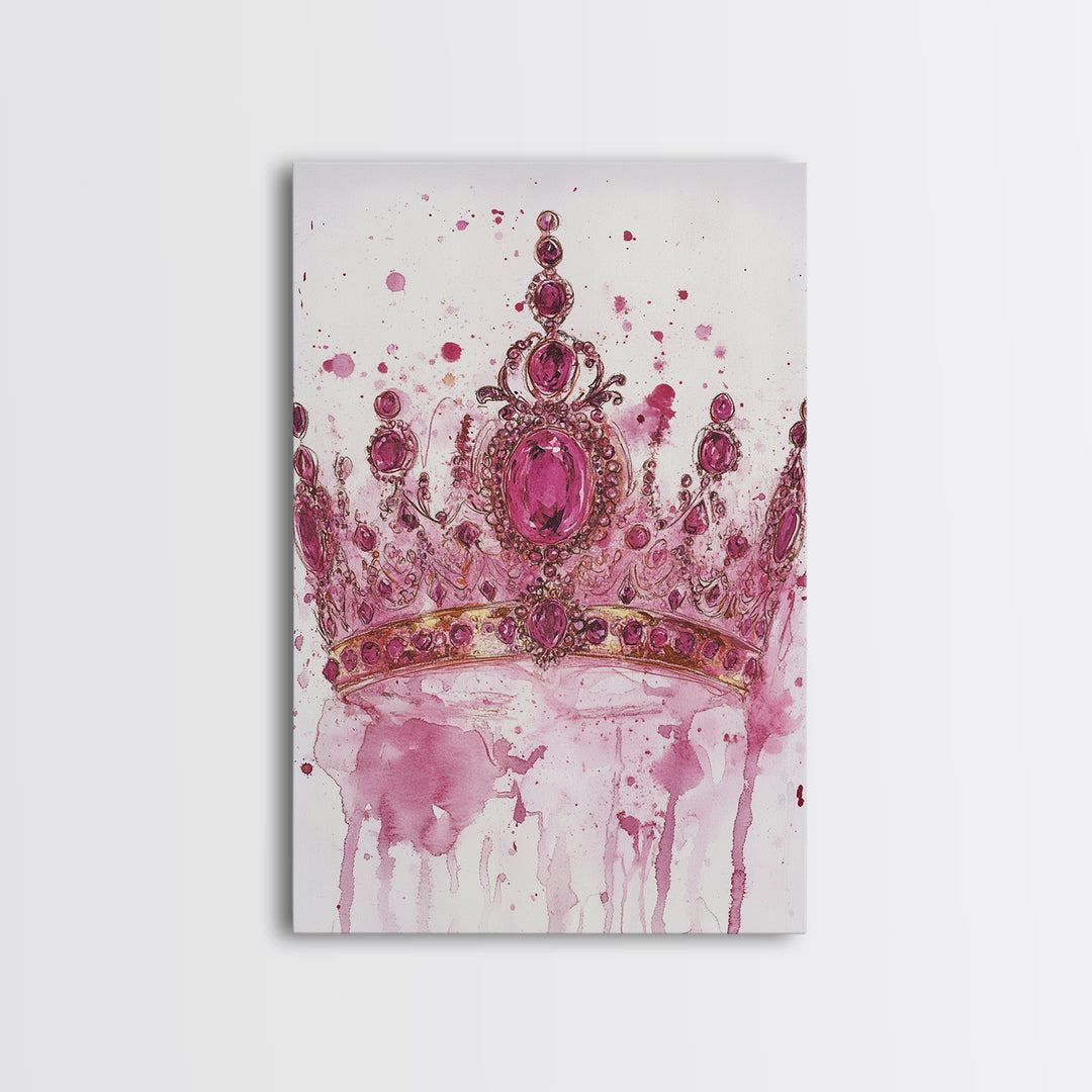 Regal jeweled crown painting featuring framed canvas print, moody art, pink wall art for dorm, unique goddess art print decor