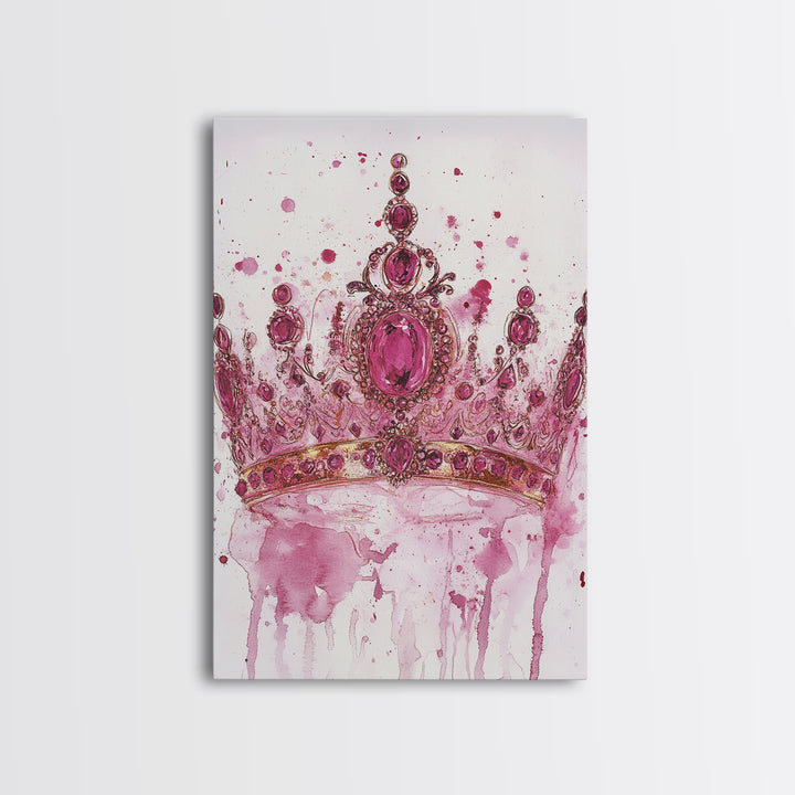 Regal jeweled crown painting featuring framed canvas print, moody art, pink wall art for dorm, unique goddess art print decor