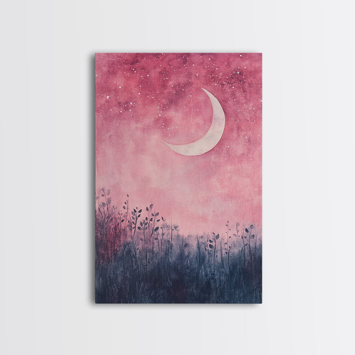 Crescent moon painting on framed canvas print, moody art, pink abstract art, cherry blossom painting, vertical wall art decor