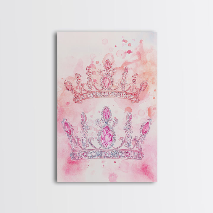 Twin jeweled crown painting featuring framed canvas print, whimsical art, light pink wall art, goddess art print, gift idea decor
