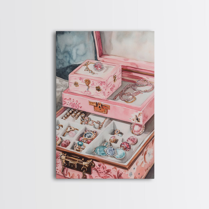 Romantic Jewelry Display Canvas Print Pink Wall Art Whimsical Decor Light Pink Dorm Art Bedroom Gift Idea Coastal Cowgirl Art