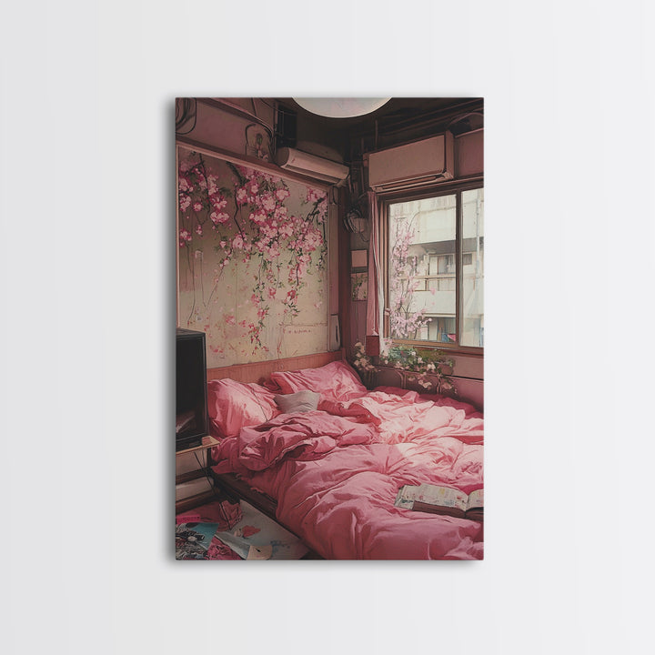 Cherry Blossom Dream Framed Canvas Print Light Pink Japanese Inspired Bedroom Art Cozy Home Floral Wall Decor Feminine Artwork Gift