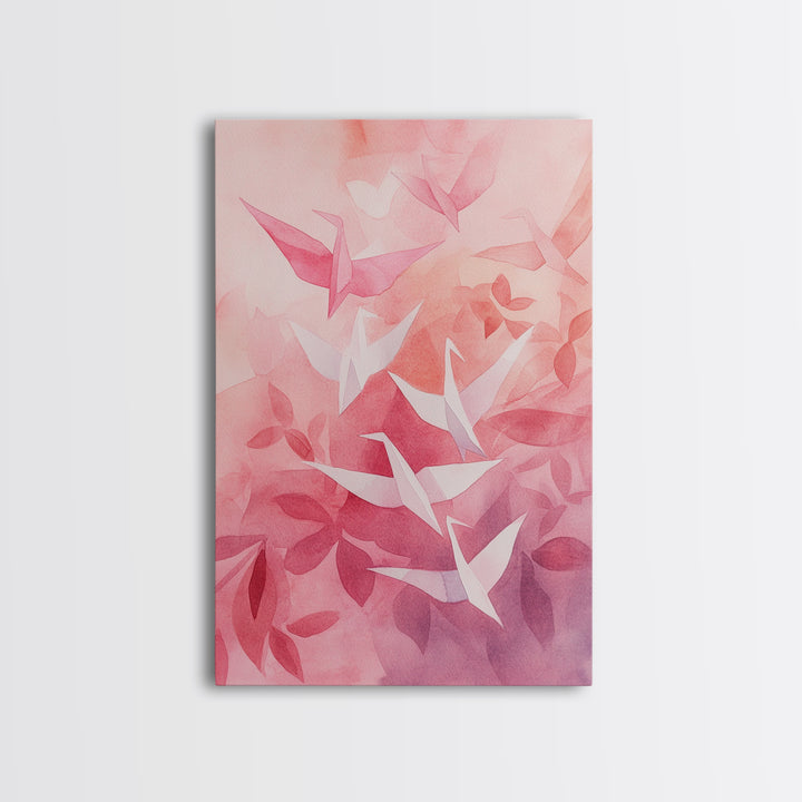 Origami Crane Painting Framed Canvas Print Whimsical Wall Art Light Pink Room Decor Minimalist Art Cherry Blossom Inspired Gift Idea