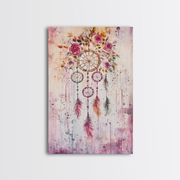 Dreamcatcher with Roses Framed Canvas Print Boho Bedroom Art Botanical Prints Pink Wall Art Light Pink Home Decor Wildflower Painting