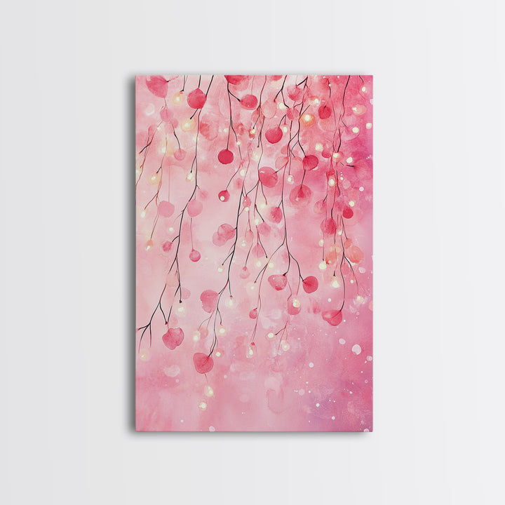 Cherry Blossom Lights Canvas Print Romantic Bedroom Art Cherry Wall Art Light Pink Wall Art Living Room Art Boho Home Decor