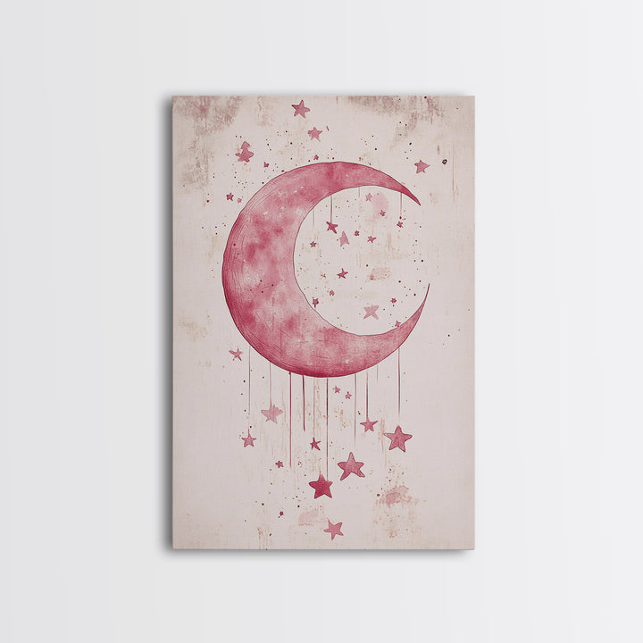 Crescent Moon and Stars Framed Canvas Print Mystical Boho Art Zen Wall Art Light Pink Wall Art Bedroom Art Dreamy Night Sky Decor
