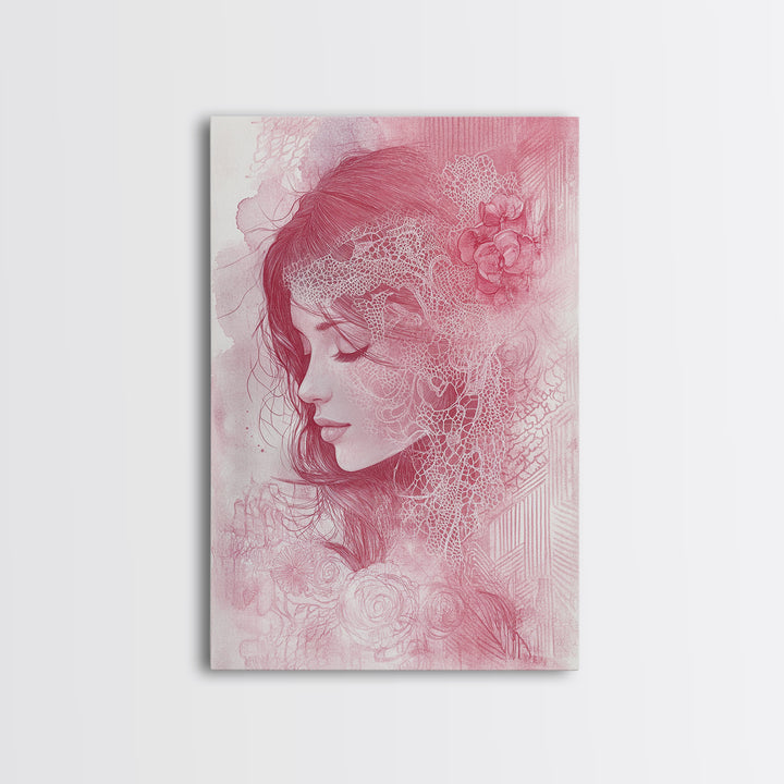 Romantic Portrait Framed Canvas Print Featuring Angels Wall Art Pink Abstract Art Elegant Bedroom Living Room Boho Aesthetic