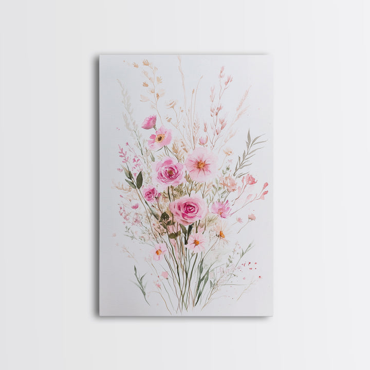 Elegant Pink Bouquet Framed Canvas Print Featuring Wildflower Painting Light Pink Wall Art Cottagecore Aesthetic Farmhouse Artwork