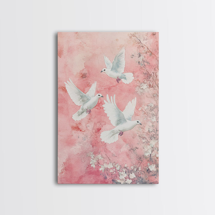 Cherry Blossom Art with Peaceful Doves Framed Canvas Print, Angelic Bird Art Pink Decor, Whimsical Bedroom or Living Room Gift