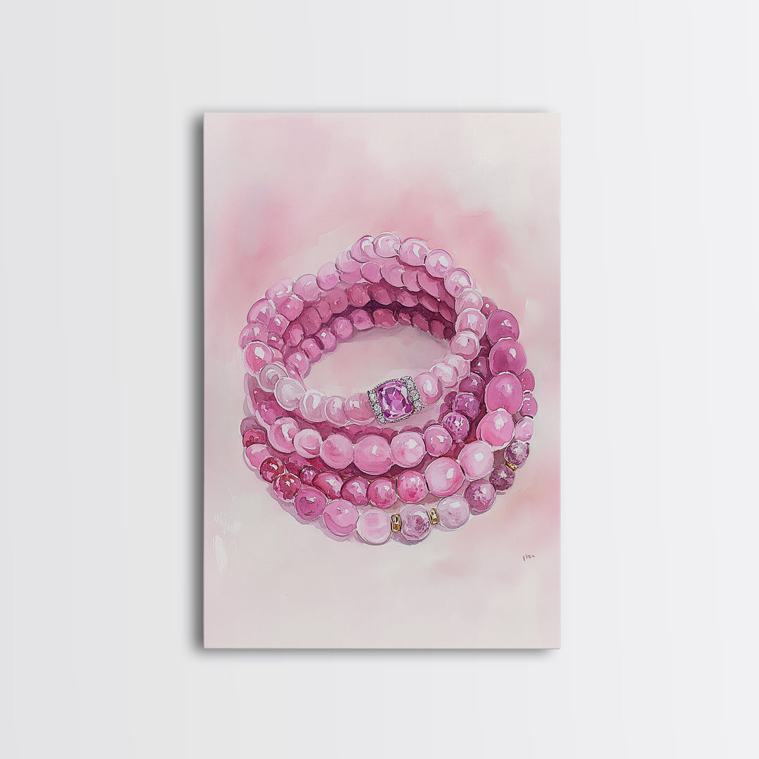 Pink Gemstone Bracelet Painting Framed Canvas Print, Whimsical Jewelry Art Light Pink Decor, Feminine Bedroom or Gift Aesthetic