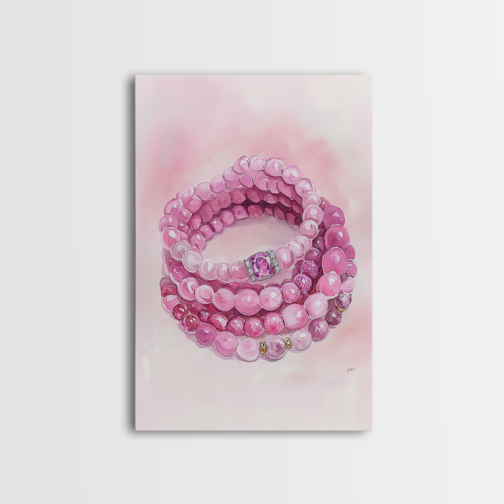 Pink Gemstone Bracelet Painting Framed Canvas Print, Whimsical Jewelry Art Light Pink Decor, Feminine Bedroom or Gift Aesthetic