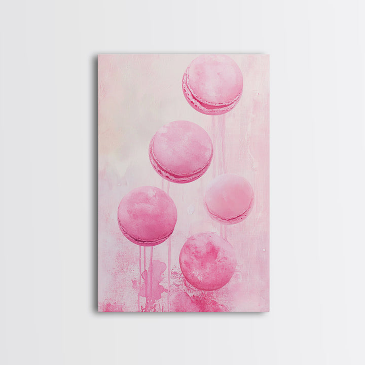 Cute pink macarons whimsical kitchen framed canvas print food review dessert art playful pastel decor cozy gift idea fun wall art