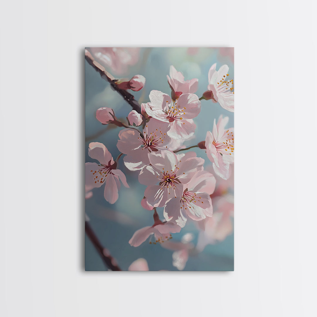 Japanese Sakura Canvas Print | Cherry Blossom Painting Art | Pastel Blue Floral Wall Art Gift Idea | Light Pink Bedroom Art