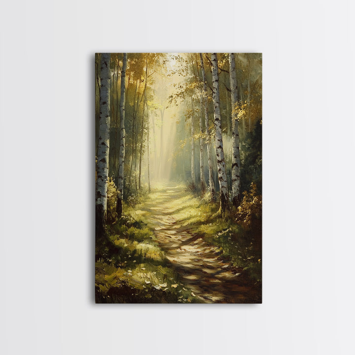 Birch Forest Path Framed Canvas Print Rustic Wall Art Farmhouse Wall Art Nature Landscape Art Above Bed Wall Art Fall Decor Living Room Art