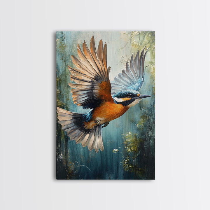 Blue Kingfisher Bird Canvas Print | Vibrant Nature Painting Wall Art | Wildlife Rustic Art Above Sofa | Whimsical Bird Original Artwork