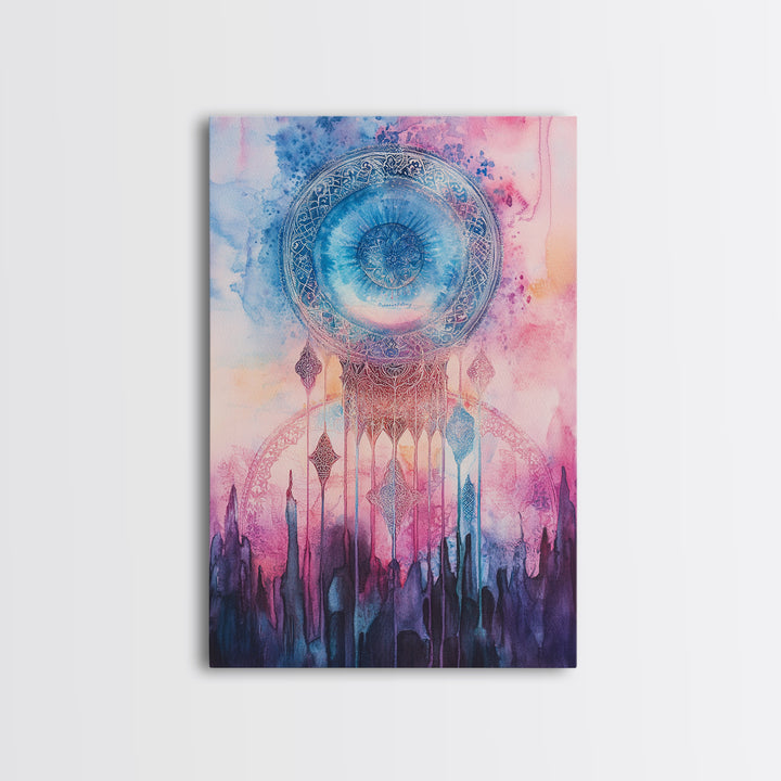 Mystic Sacred Geometry Framed Canvas Print with Bahai Art Elements and Vibrant Pink Blue Abstract, Boho Home Wall Decor