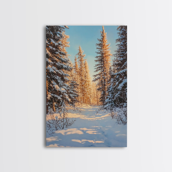 Winter Wonderland Framed Canvas Print, Snowy Forest Landscape Painting with Pine Tree Art, Cozy Rustic Wall Decor