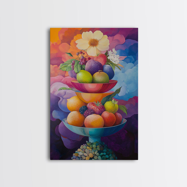 Colorful Fruit Bowl Canvas Print Featuring Still Life Painting, Whimsical Kitchen Art, Vibrant Food Review Wall Art for Dining Spaces