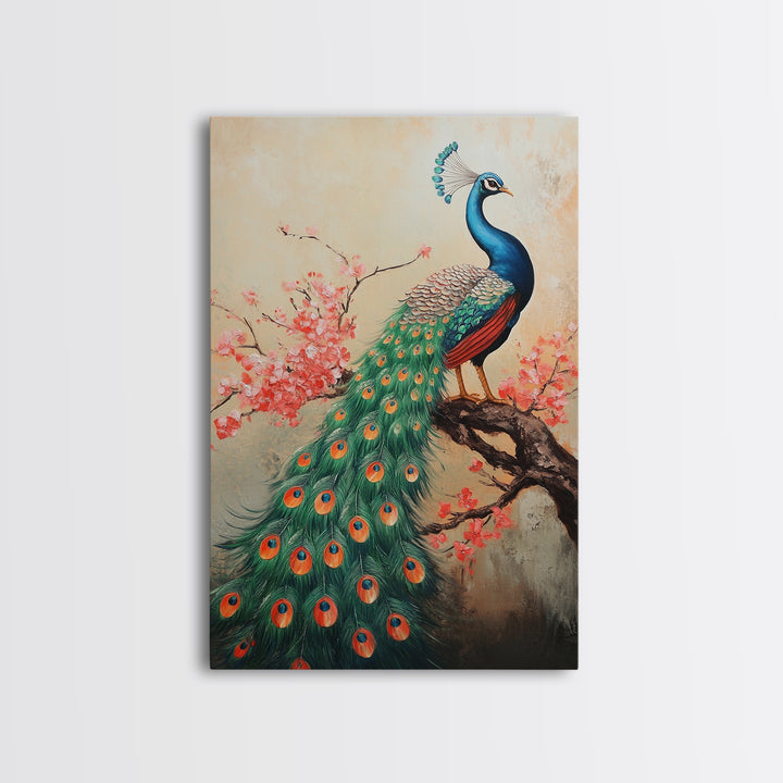 Peacock Canvas Print with Cherry Blossom Painting, Vibrant Oriental Art, Rustic Chinoiserie Wall Decor, Bold Statement Piece for Living Room