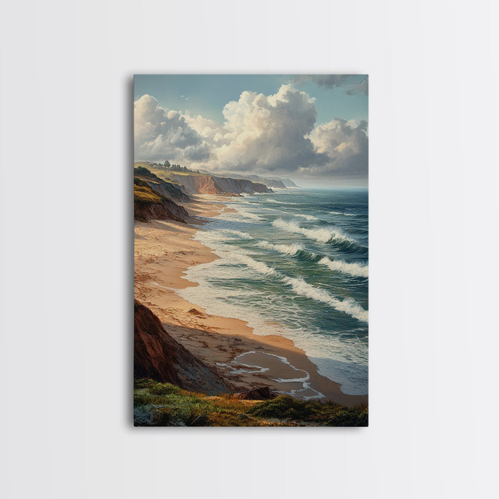 Coastal Seascape Framed Canvas Print Ocean Landscape Painting Cliffside Waves Art Nautical Coastal Decor Above Sofa Rustic Living Room Art