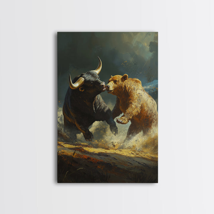 Bull and Bear Clash Framed Canvas Print Rustic Wall Art Gift Idea Financial Decor Wild Animals Artwork Moody Wall Art Rustic Living Room Decor