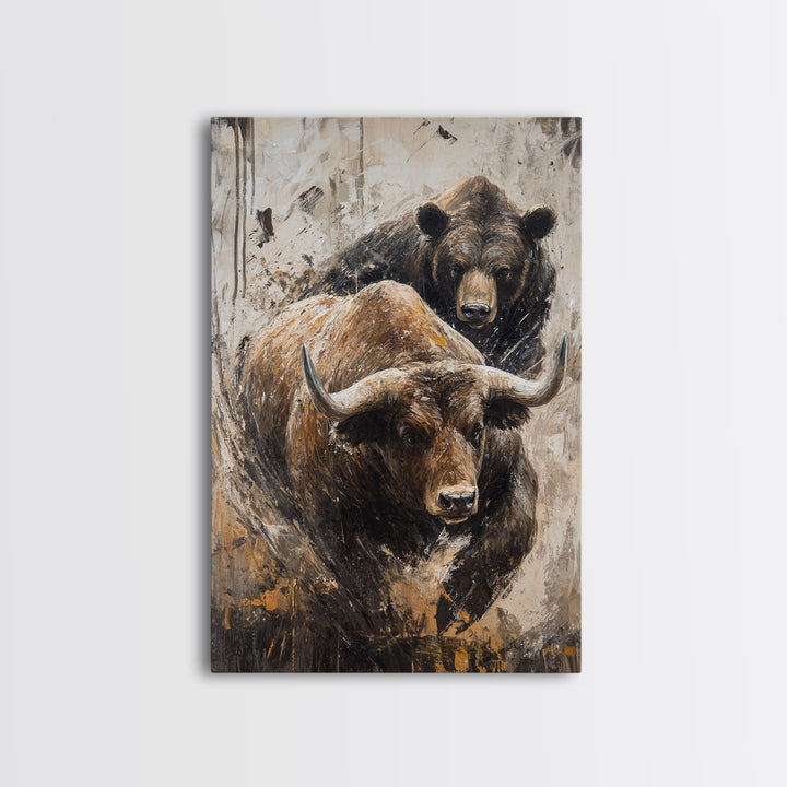 Bull and Bear Dynamic Framed Canvas Print Rustic Wall Art Financial Market Theme Gift Idea Living Room Decor Unique Animal Artwork Rustic Art
