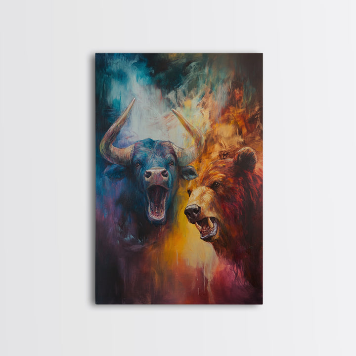 Bull and Bear Duel Framed Canvas Print Vibrant Moody Art Rustic Wall Art Unique Gift Idea Living Room Decor Animal Art Financial Market Theme