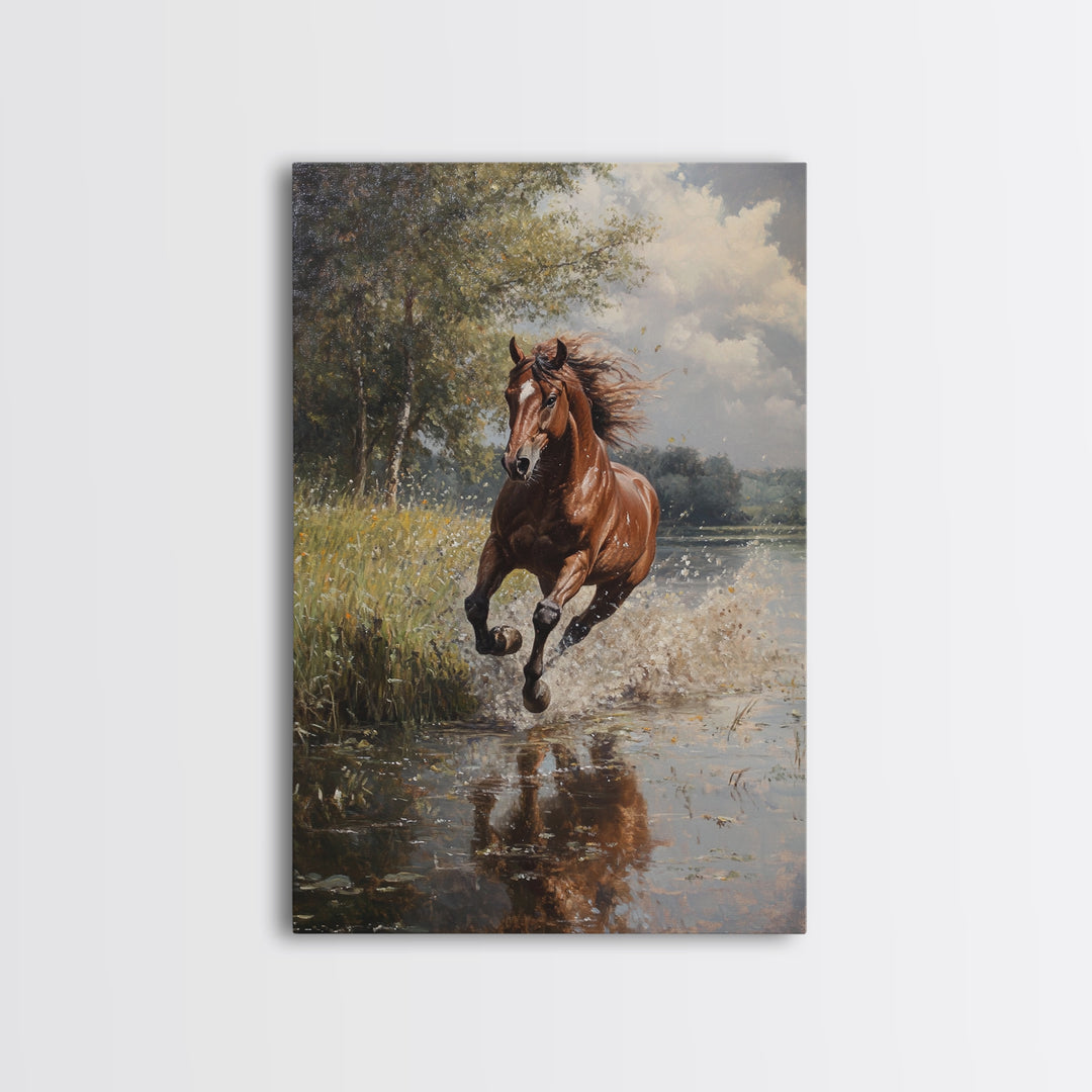 Splashed Stallion Crossing Water Framed Canvas Print Vintage Horse Art Rustic Wall Art Living Room Gift Idea Boho Style