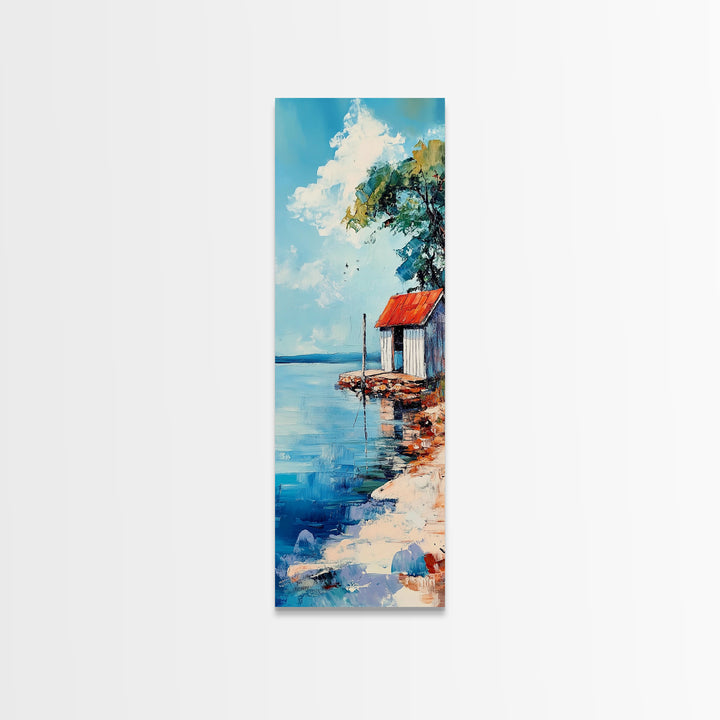 Lakeside Cabin, coastal landscape art, nautical decor, rustic art, beach house wall art, above bed wall art, Framed Canvas Print