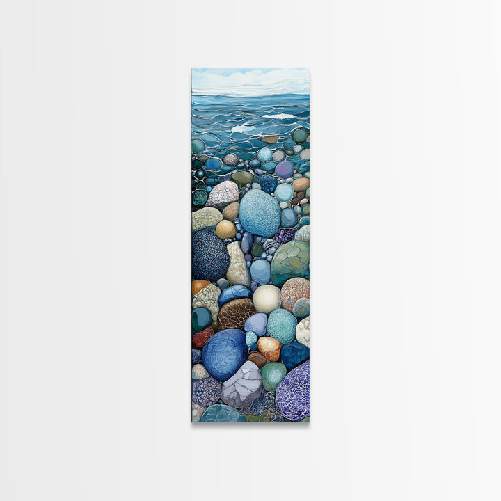 Pebble Beach, mosaic wall art, coastal decor, nautical painting, blue and green wall art, extra wide art, Canvas Print, above sofa art