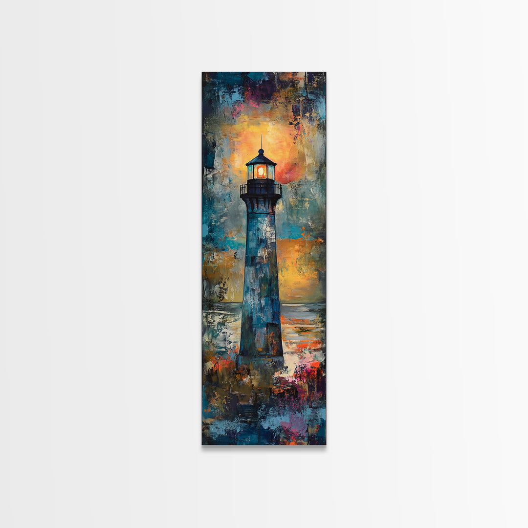 Lighthouse Glow, Moody Seascape, Nautical Painting, Coastal Decor, Sunset Wall Art, Framed Canvas Print, Bedroom Art