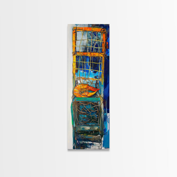 Crayfish painting, nautical wall art, rustic art, kitchen decor, fisherman painting, blue and orange, framed canvas print, gift idea