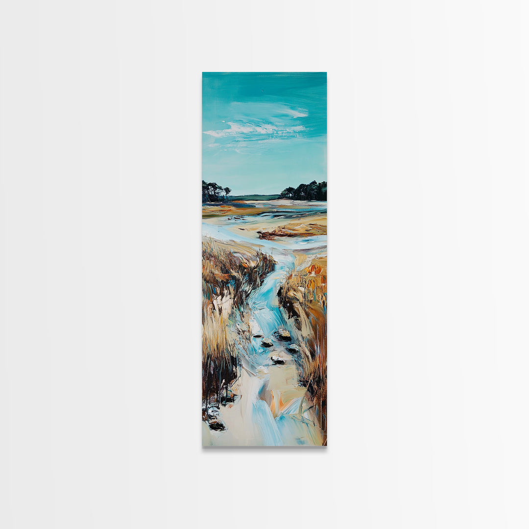 Marshland Stream, coastal landscape art, rustic wall art, farmhouse art, wabi sabi art, extra wide art, Canvas Print