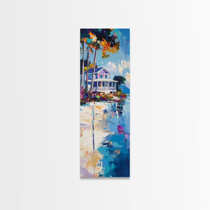 Beach House, Coastal Painting, Vibrant Landscape, Nautical Wall Art, Living Room Art, Above Bed Wall Art, Framed Canvas Print