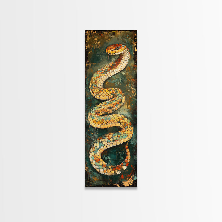 Coiled Snake, Wildlife Painting, Moody Art, Rustic Decor, Extra Wide Art, Above Sofa Art, Living Room Art, Framed Canvas Print