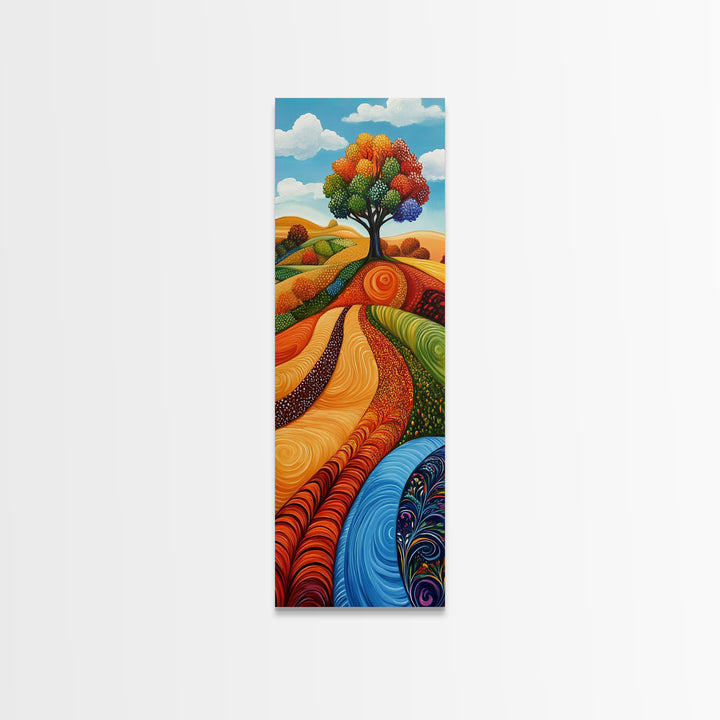 Colorful Fields, folk art, Russian folk art, pink orange wall art, bright and bold, framed canvas print, extra wide art