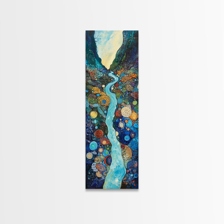 Abstract River, mosaic wall art, blue and green wall art, geometric wall art, whimsical art, framed canvas print, tall narrow art