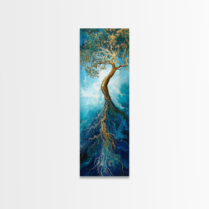 Rooted Tree, oak tree art, blue and green wall art, sacred geometry wall art, mystical art, framed canvas print, vertical wall art