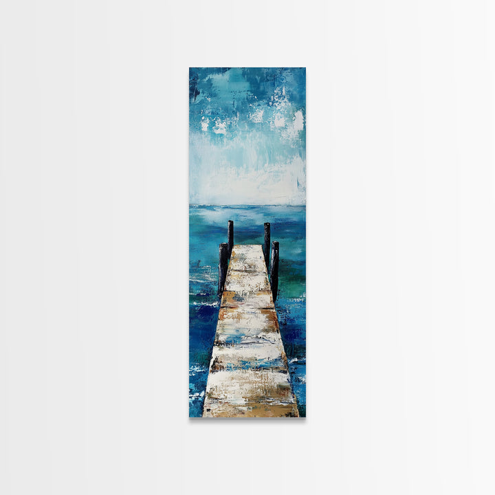 Dock on Water, Coastal Landscape Art, Nautical Wall Art, Seascape Painting, Rustic Decor, Tall Narrow Art, Canvas Print