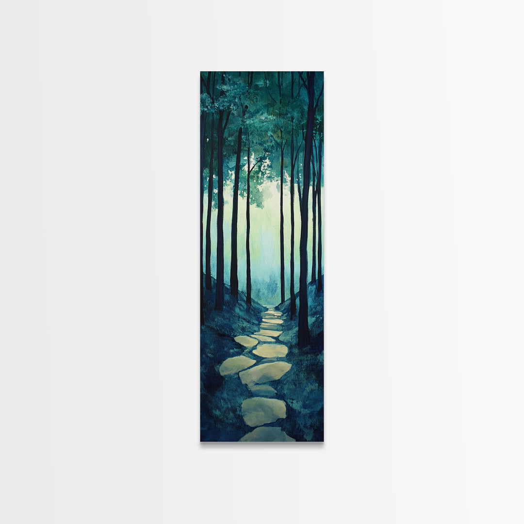 Forest Path, pine tree art, wabi sabi wall art, rustic decor, landscape painting, tall narrow art, green wall art, canvas print