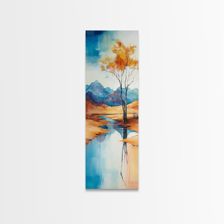 Autumn Reflections, landscape painting, birch tree art, above bed wall art, rustic wall art, framed canvas print, tall narrow art