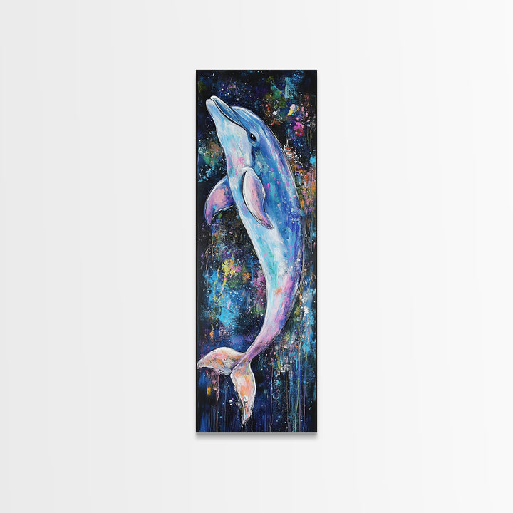 Cosmic dolphin, dolphin painting, ocean wall art, nautical painting, whimsical art, blue and green wall art, framed canvas print