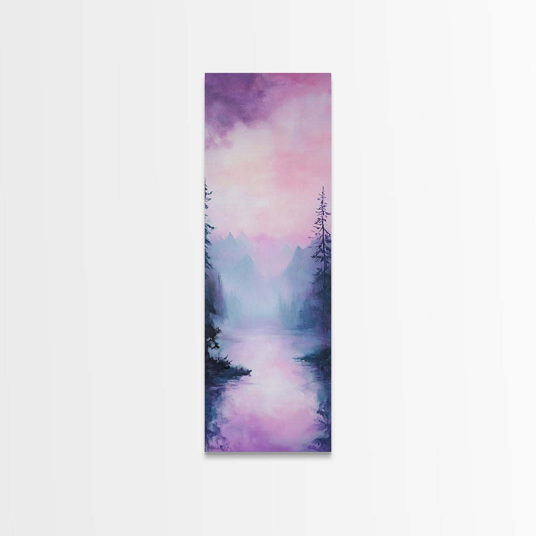 Misty Mountains, smoky mountain art, light pink wall art, framed canvas print, soft pastel art, pine tree art, above couch art
