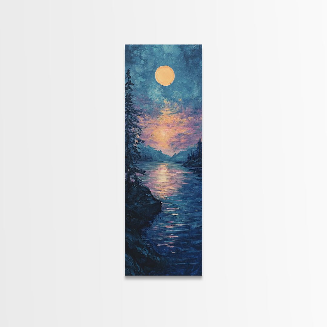 Moonlit Lake, moon oil painting, framed canvas print, landscape painting, lake Tahoe art, moody art, tall narrow art, rustic wall art