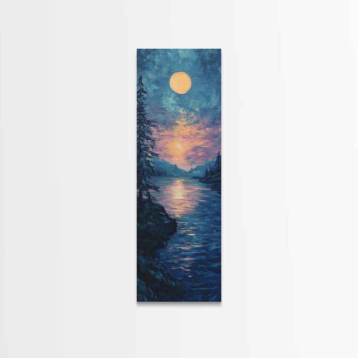 Moonlit Lake, moon oil painting, framed canvas print, landscape painting, lake Tahoe art, moody art, tall narrow art, rustic wall art