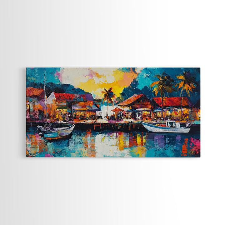 Coastal Village Painting, Nautical Wall Art, Tropical Landscape Art, Vibrant Art, Beach House Decor, Extra Wide Art, Canvas Print