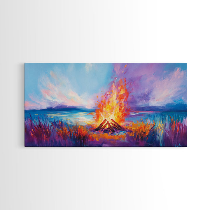 Bonfire at Sunset, Coastal Wall Art, Pink Orange Wall Art, Extra Wide Art, Horizontal Wall Art, Framed Canvas Print, Moody Art